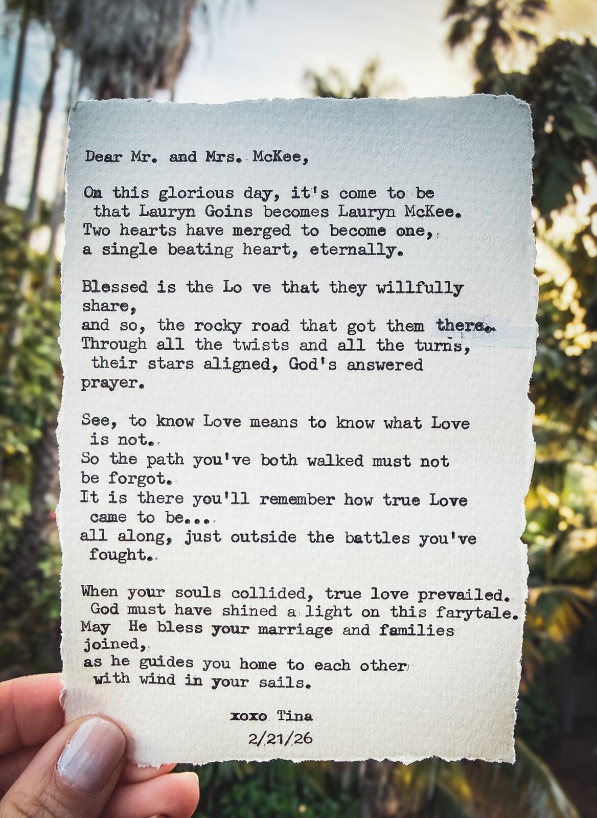 Custom Typewriter Poem by T.L. Amber for Wedding Day